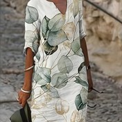 Resim Kadınlar için Rahat V-Yaka Üç Çeyrek Kollu Elbise Bitki Baskılı - A-Kol Hafif Polyester-Spandeks Karışımı, Makinede Yıkanabilir Her Mevsim Çok Yönlü Giyim, Günlük Giysi Elbisesi | VYaka Elbise | Hafif Elbise 