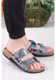 Resim Fort Gj Alyona Anatomik Bonçuk Taş Detaylı İki Tokalı Kadın Terlik Siyah 