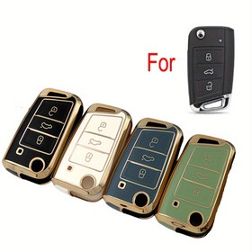 Resim 1 adet Altın Yan Yumuşak TPU Araba Anahtar Kılıfı VW MQB, Golf VII, Polo, Tiguan, Touran, Skoda Octavia, Fabia, Seat için Uyumlu - 3 Düğmeli Anahtarlık Koruyucu 