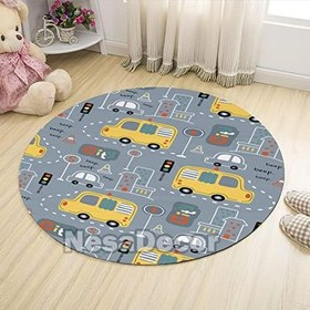 Resim Trafik Araba Baskılı Makinede Yıkanabilir Halı Çocuk Odası Halısı Oyun Halısı Sarı (120 x 120 cm (Yuvarlak)) 