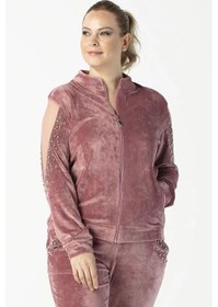 Resim Moda Berray 1950 Kolları Taşlı Tam Kalıp Tarz Kadife Büyük Beden Eşofman Takım Pembe Pembe 