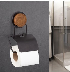 Resim Okyanus Home Ahşap Desenli Magic Fix Sihirli Yapışkan Siyah Kapaklı Tuvalet Kağıtlık Mgs 712w 