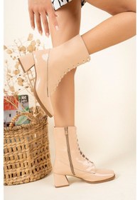 Resim Rugan Bağcık Detaylı Alçak Topuklu Bot Ten-4360 Ten 