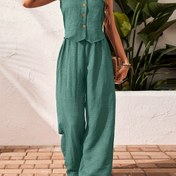 Resim Kadınların Şık V-Yaka Kolsuz Düz Renk Tank Üstü + Geniş Bacaklı Pantolon Takımı - Polyester, İlkbahar/Yaz için Rahat Kıyafet, Rahat Kıyafet|VYaka Üst|Polyester Kumaş 