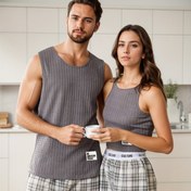 Resim 1 Takım Çiftler Eşleştirme Pijama Setleri - Yumuşak ve Esnek Örgü Tank Üstleri ile Plaid Şortlar, Erkekler ve Kadınlar için Rahat Ev Giyimi, Kraliyet Mavisi, Tüm Mevsimler İçin Temel, 150g/m², Günlük Giyim | Eşleştirme Pijama Setleri | Örgü Yapısı, Uyku İçin Pijamalar 