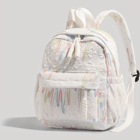 Resim Renkli Geometrik Desenlerle ve Nakışlı Sevimli Beyaz Mini Sırt Çantası - Ayarlanabilir Askılar, Fermuar Kapatma, Okul için Dayanıklı Polyester, Günlük Maceralar, Rahat Tarz Çanta, Kaliteli Nakış 