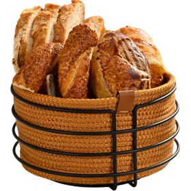 Resim Mat Siyah Yuvarlak Hardal Hasır Örmeli Makrome Ekmek Sepeti 