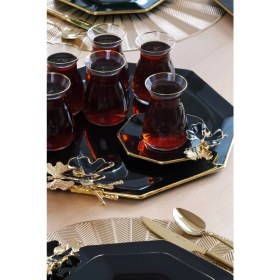 Resim Glore Dolmabahçe Sekizgen Siyah Altın Yaldızlı Cam Tepsi 