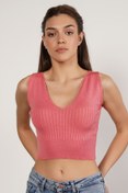 Resim Trist Star Pembe %100 Organik Pamuk Likralı Crop Triko Atlet Örme Bluz 