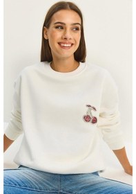 Resim Shade Kadın Bisiklet Yaka Kiraz Taş İşlemeli Üç İplik Şardonlu Sweatshirt 60601047 - Beyaz 