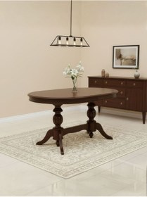 Resim Lindon Çift Baba Ayaklı Açılır Masif Ahşap Oval Yemek Masası 100x170 Ceviz 