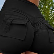 Resim Şık Yön Y2K Tarzı Kadınlar İçin Dar Kesim Ultra-Kısa Yoga Şortları - Kalça Kaldırıcı Orta Esneklikte Düz Siyah Sahte Cepli İlkbahar/Yaz/Sonbahar Antrenman ve Günlük Kullanım için, Saydam Olmayan Kumaş 