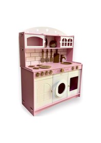 Resim Ahşap Büyük Boy Pembe-beyaz Montessori Mutfak Oyuncak Set 