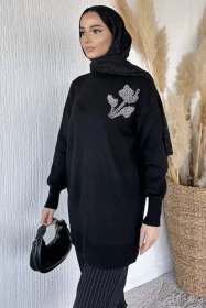 Resim Gülseli Taş İşlemeli Tesettür Triko Tunik Siyah TZL-P-00020359 