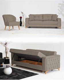 Resim Velura Home & Living Nola Koltuk Takımı 3+1 & Bazalı Yataklı Koltuk & Kanepe - Keten 