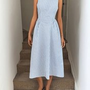 Resim Kadınlar için şık çizgili kolsuz midi elbise - Rahat yazlık tarz, yuvarlak yaka, hafif polyester, rahat kıyafetler için mükemmel, rahat yazlık elbise | Kolsuz moda | Hafif elbise 