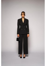 Resim Kadın Siyah Pens Detaylı Çizgili Blazer Siyah 