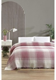 Resim Çift Kişilik Pike 200x235 Cm Ekose Serisi Yatak Örtüsü Ekose Pudra 