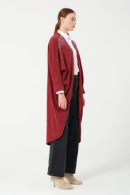 Resim HatunAtila Oversize Sıra Taşlı Hera Kumaş Panço 8555 Kırmızı - Kırmızı / Standart - Oversize 