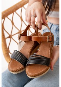 Resim 731-07 Siyah Ortopedik Hakiki Deri Dolgu Kadın Sandalet Altın - Taba 