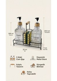 Resim Makri Home Lüks Bambu Kulplu Siyah Metal Stantlı İkili Cam Sıvı Sabunluk 500 Ml, 23x9x23,5 Cm 