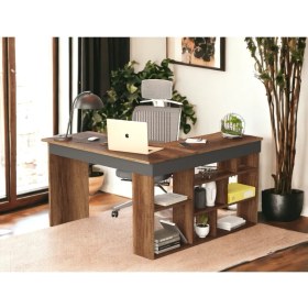 Resim Robin Home Boston Kitaplık Raflı Çalışma Masası Ofis Masası L Masa Barok-Antrasit 