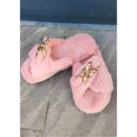 Resim Sunstep Kışlık Kadın Çapraz Tüylü Zincirli Yumuşak Taban Günlük Ev Terliği 