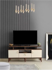 Resim 110 CM MDF MEBRAN KAPAK RAFLI TV SEHPASI BAROK CEVİZ - KREM 