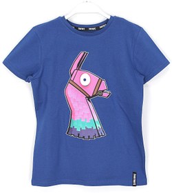 Resim Fortnite Liama Kabartma Baskılı Yazlık Kısa Kollu Kız Çocuk T-shirt Lacivert 