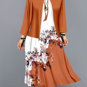Resim Moda Kadınlar için Düz Renkli Küçük Kardigan ve Çiçek Desenli Patchwork Elbise İki Parça Takım 