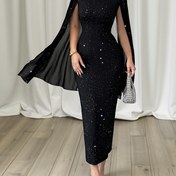 Resim Kadınlar İçin Şık Siyah Yıldızlı Gece Desenli Payet ve File Detaylı Slim Fit Midi Elbise, Dik Yakalı & Yan Yırtmaç Kollu - Makinede Yıkanabilir Her Mevsim Parti Gecelik 