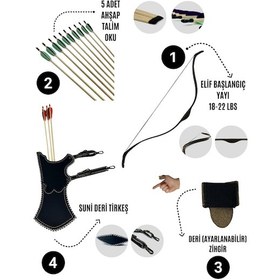 Resim Geleneksel Okçuluk Başlangıç Seti - Elif Yay + 5 Ok + Zihgir + Tirkeş 