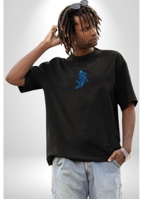 Resim Basketbol Mars Uzay Smaçı Siyah Oversize Unisex Ön Orta Minimal Baskılı Tişört Siyah 