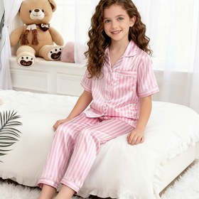 Resim 2'li Kız Çocukları Günlük Çizgili Pijama Takımı, Polyester Esnek Olmayan Kumaş, Bol Kesim, Yaka ve Düğme Detaylı, 12 Yaş ve Altı Çocuklar İçin, Kız Pijama Takımı 