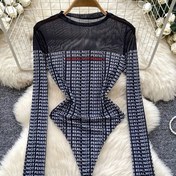 Resim Kadınların Şeffaf Alfabesi Baskılı Uzun Kollu Bodysuit, Polyester %95 Elastik %5, Tüm Mevsimler İçin Crew Neck Slim Fit Tulum 