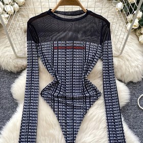 Resim Kadınların Şeffaf Alfabesi Baskılı Uzun Kollu Bodysuit, Polyester %95 Elastik %5, Tüm Mevsimler İçin Crew Neck Slim Fit Tulum 