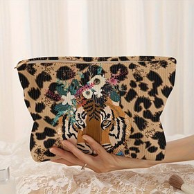Resim Şık Leopar ve Kaplan Baskılı Kadife Makyaj Çantası - Hafif, Çok Fonksiyonlu Tuvalet Organizatörü Canlı Çiçek Deseni ile, Polyester Malzeme, Seyahat veya Günlük Kullanım için Mükemmel, Tuvalet Seyahat Çantası 