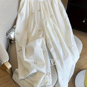 Resim Kadınların Beli Yüksek, Geniş Paça Pantolonları - Rahat Yaz Pantolonları, Bej, Bol Kesim, Bahar/Yaz Kıyafetleri İçin Mükemmel, Yüksek Bel Pantolonları 