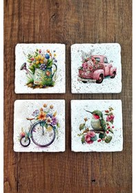 Resim Doğal Taş Bardak Altlığı Çiçek Temalı Desenler Baskılı 4'lü Set Çok Renkli 