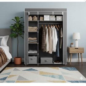 Resim Missidea Elit Yandan Raflı Bez Dolap Metal İskeletli Gardırop Gri 