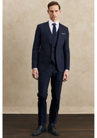 Resim AC&Co / Altınyıldız Classics Erkek Slim Fit Dar Kesim Mono Yaka Yelekli Yünlü Takım Elbise Lacivert 