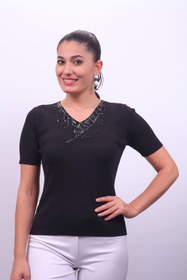 Resim Sude Kadın Ithal El Işi Kısa Kol Siyah Triko Bluz 2044 