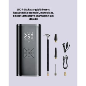 Resim MiraLive LED Fenerli ve Sos Işıklı Çok Fonksiyonlu Hava Kompresörü 