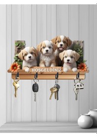 Resim 2d Ahşap Uv Baskılı Dört Metal Kancalı Köpekler Hoşgeldiniz Mdf Duvar Askılığı Anahtarlık V9 Çok Renkli 