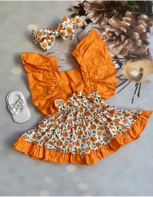 Resim Mini Kids Baby Kız Bebek Portakal Desenli Salopet Babet Çorap Bandana Takım 