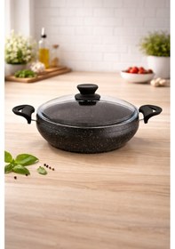 Resim Granit Pro 24 Cm Basık Granit Güveç Tencere Siyah Bakalit Saplı Cam Kapaklı Yapışmaz 