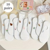 Resim 10 Adet Kadınlar İçin Sevimli Hayvan & Çiçek Desenli Görünmez Çoraplar - Hafif Yazlık İnce Ayak Bileği Çorapları, Nefes Alabilen Polyester Karışımı ile Görünmez Kabartmalı Tasarım, Günlük Kullanım İçin Mükemmel, Düşük Görünürlük Çorapları|Sevimli Çorap Tasarımları|Çeşitli Paket, Yenilikçi Çoraplar 