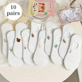 Resim 10 Adet Kadınlar İçin Sevimli Hayvan & Çiçek Desenli Görünmez Çoraplar - Hafif Yazlık İnce Ayak Bileği Çorapları, Nefes Alabilen Polyester Karışımı ile Görünmez Kabartmalı Tasarım, Günlük Kullanım İçin Mükemmel, Düşük Görünürlük Çorapları|Sevimli Çorap Tasarımları|Çeşitli Paket, Yenilikçi Çoraplar 