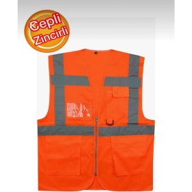 Resim Mühendis Tipi Cepli Ikaz Yeleği Fosforlu Güvenlik Yeleği Turuncu M Beden Fermuarlı 