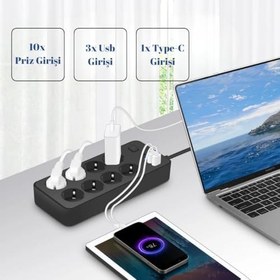 Resim Termal Akım Korumalı, 10'lu Priz Soketi, Isıya Dayanıklı Yapı, 10x Priz, 3x Usb, 1x Type-C Girişi, Çocuk Korumalı Çoğaltıcı, 2 Metre Uzatma Kablosu (16A/3680W) 